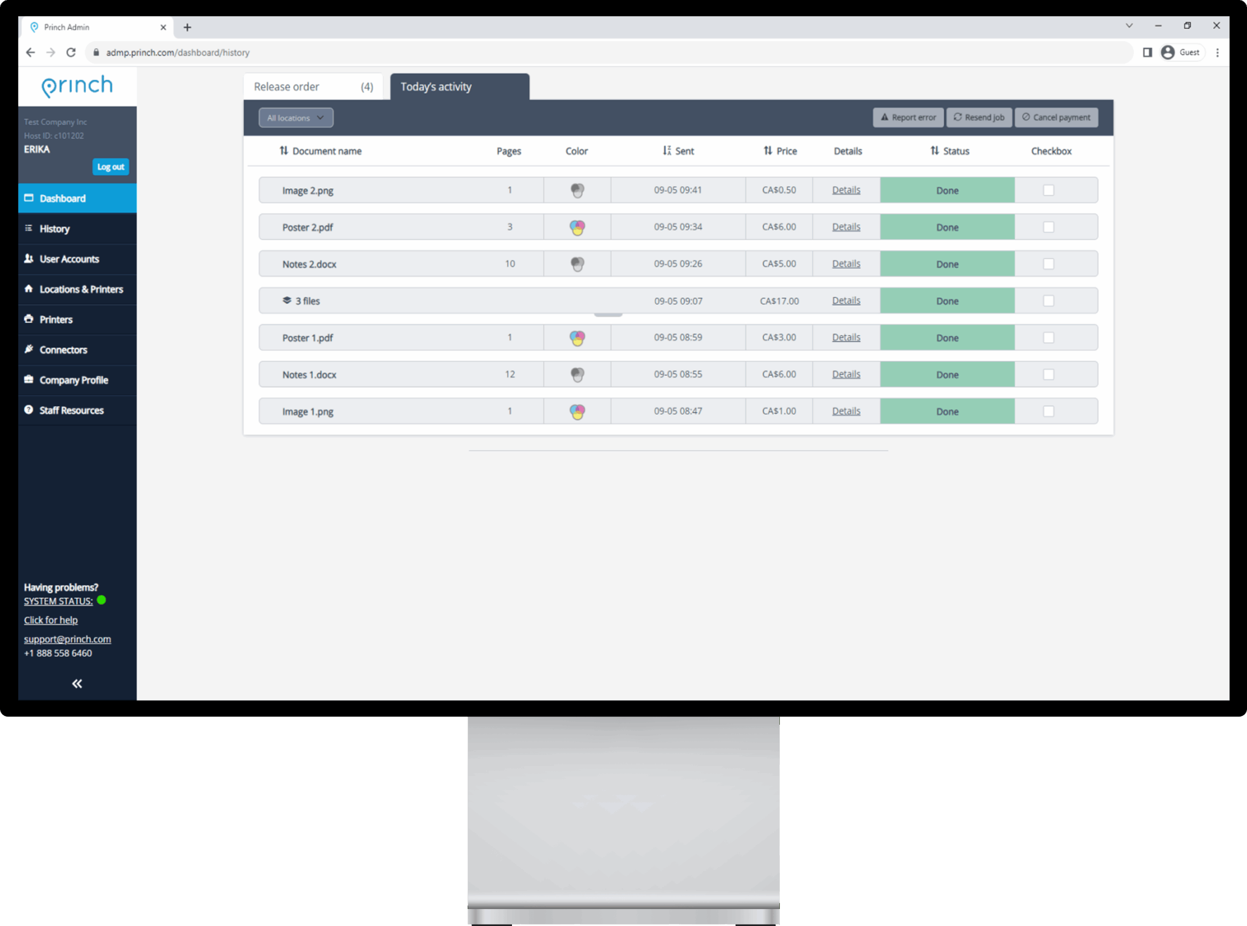 The recent activity tab on the Princh Admin Panel shows all printing and payment at your location(s)