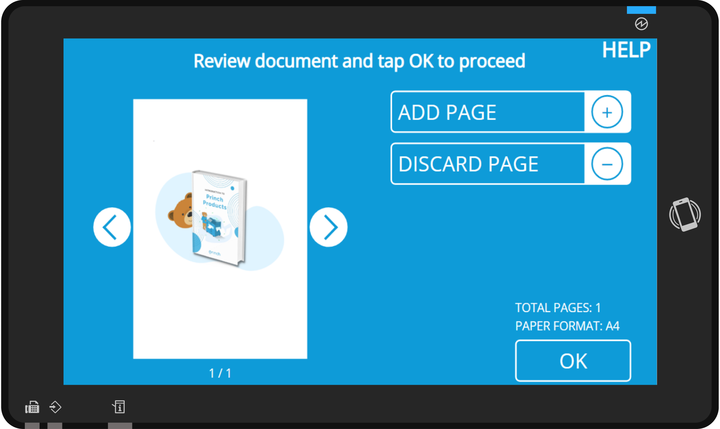 The forced preview of documents on our copy app, with options to add or remove pages.