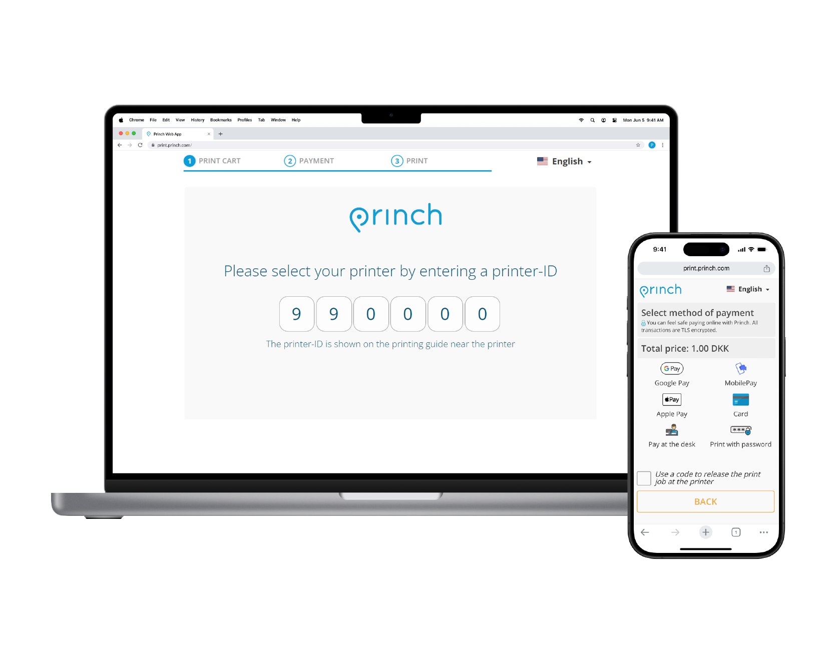 An image of the Princh web app loaded on a laptop and a smartphone. The laptop shows the screen where users enter the printer id, the phone shows the payment options screen.